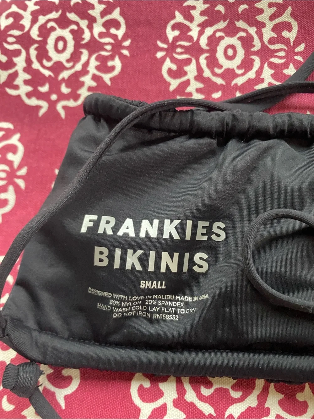 Frankie’s Bikinis black ruched bandeau top adjustable size S